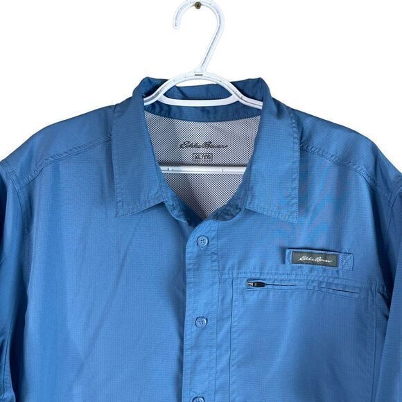 Eddie Bauer Vented Outdoor Shirt Mens XL Solid Blue S/S Polyester Stretch Hiking - Picture 1 of 6